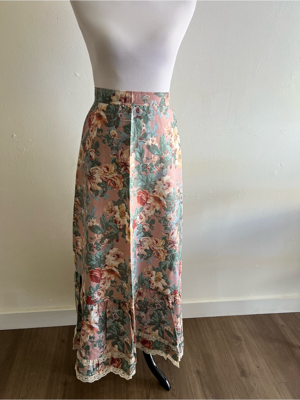 Handmade Vintage Floral Maxi Skirt with Pastel Bouquet Print and lace detailing